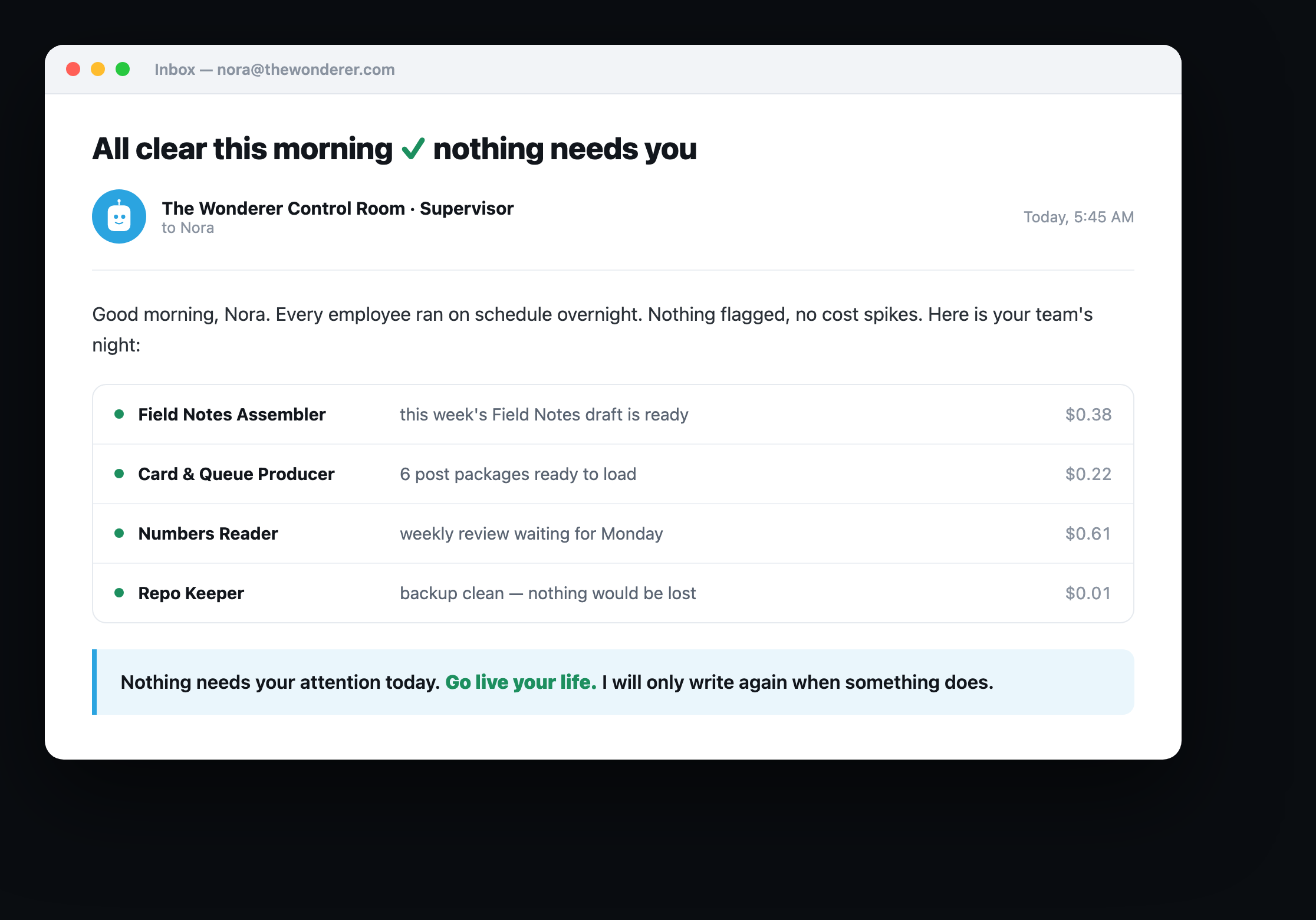 A 5:45 AM email from the Control Room Supervisor: all clear, four employees ran overnight with their output and cost, ending with go live your life.
