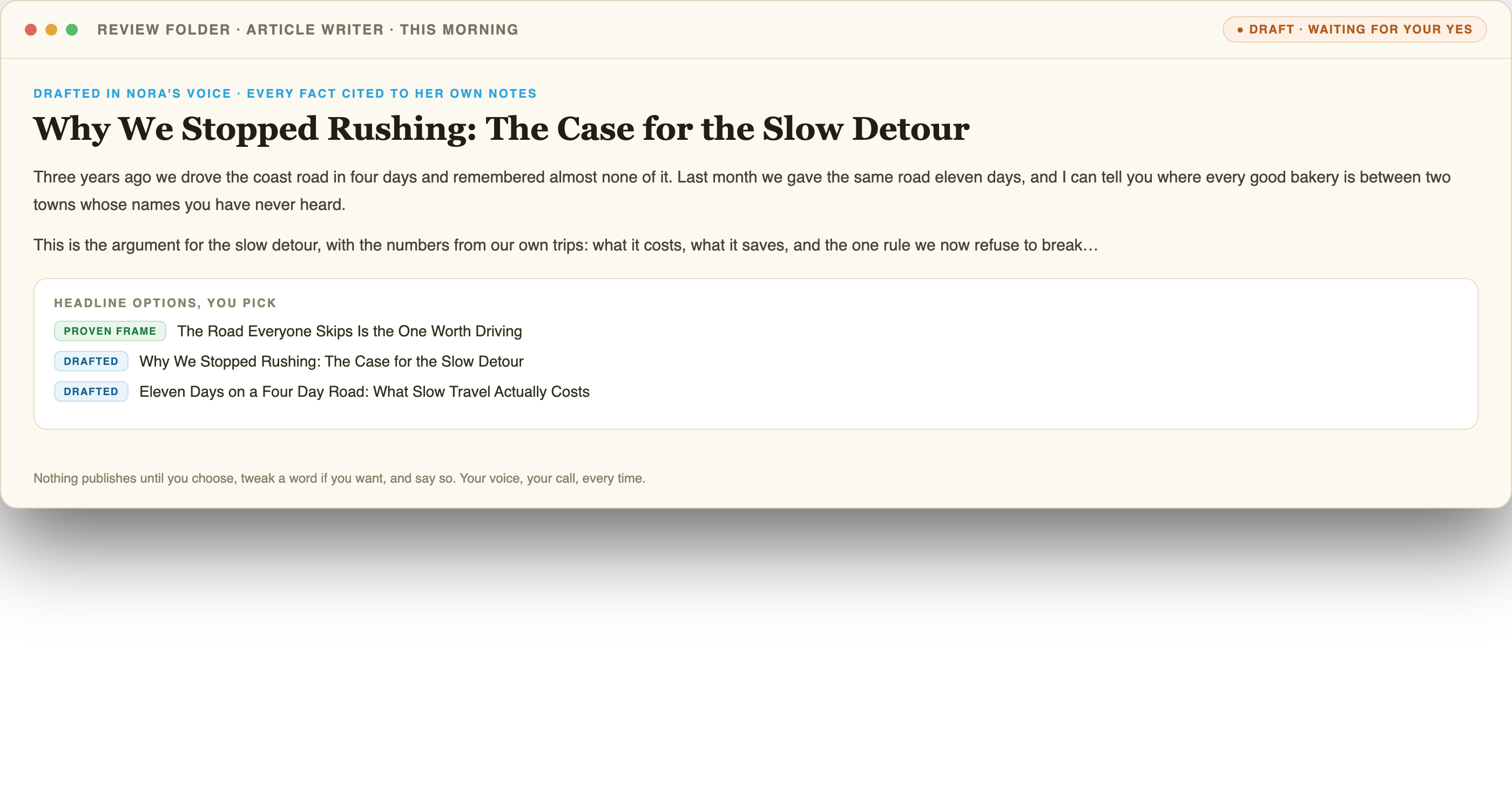 A drafted article in the review folder titled Why We Stopped Rushing, written in the owner's voice, with three headline options tagged proven frame or drafted.