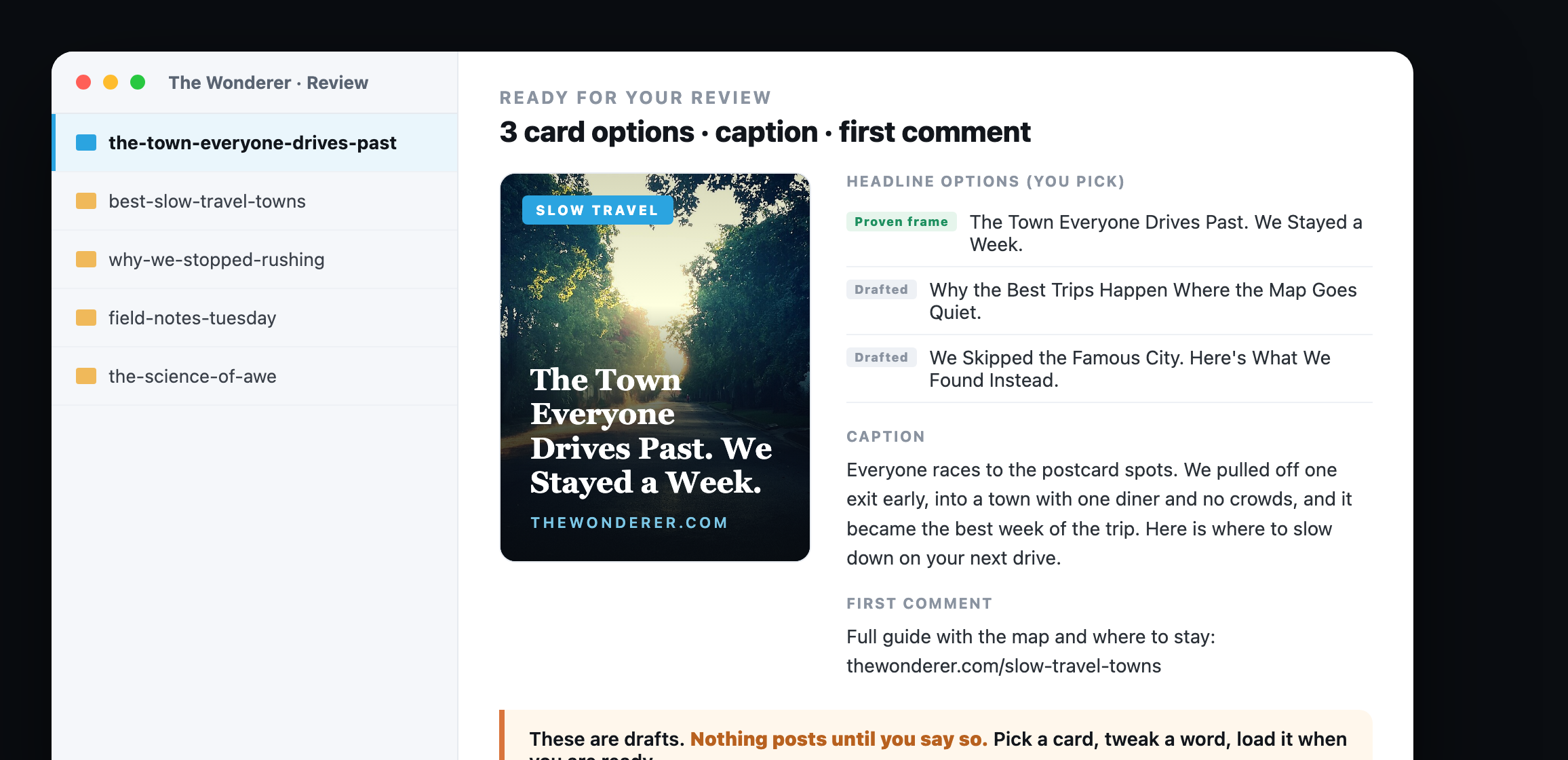 A Review folder holding finished post packages: a rendered card, three headline options tagged proven or drafted, a caption, and a first comment, all marked drafts.